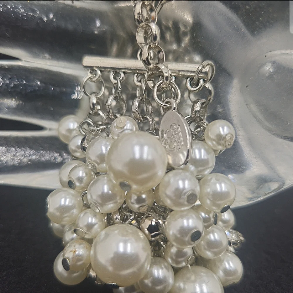 Vintage Aura Faux Cluster Pearl Rhinestone Silver Tone Link Bracelet - Picture 8 of 16
